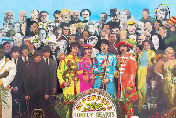 Part of the cover of Sgt. Peppers Lonely Hearts Club Band, with Dylan Thomas (right) and Bob Dylan (left) identified